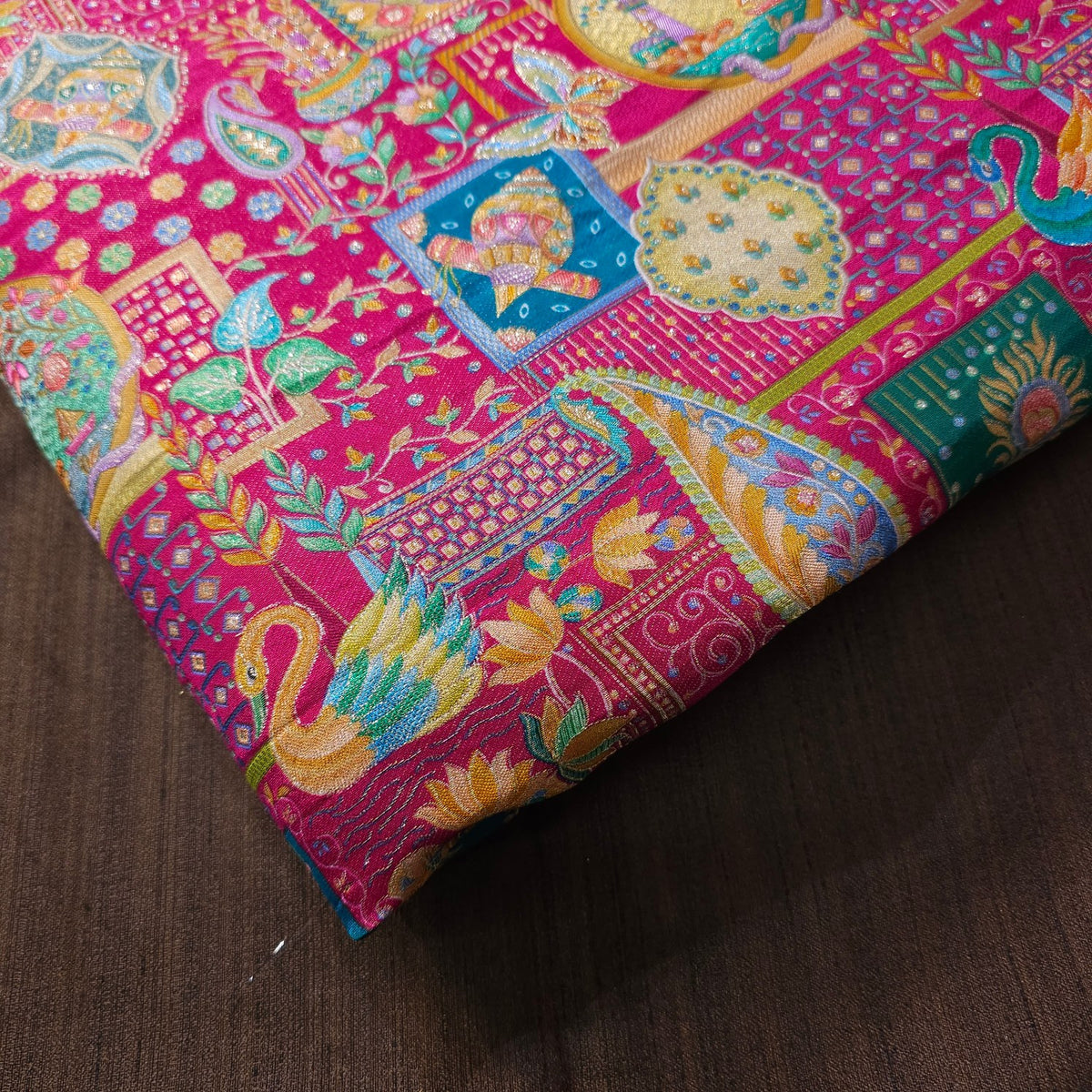 Pure Banarasi Silk Brocade with Multicolor Position of Swan & Paisley Print on Magenta Pink Base