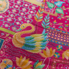 Pure Banarasi Silk Brocade with Multicolor Position of Swan & Paisley Print on Magenta Pink Base