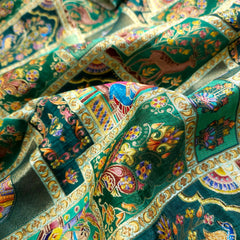 Pure Banarasi Silk Brocade with Multicolor Position of Animal & Floral Print on Green Base