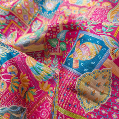 Pure Banarasi Silk Brocade with Multicolor Position of Swan & Paisley Print on Magenta Pink Base