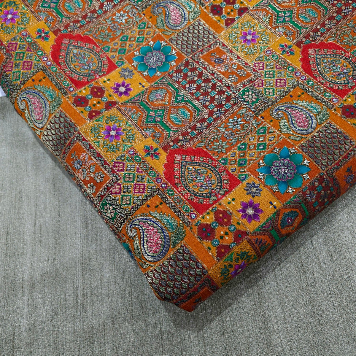 Pure Banarasi Dola Silk Soft Brocade with Multicolor Position Print on Mango Yellow Base