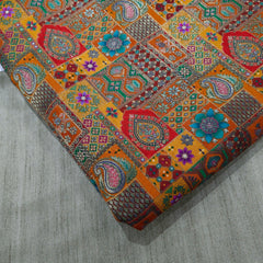 Pure Banarasi Dola Silk Soft Brocade with Multicolor Position Print on Mango Yellow Base