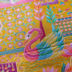 Pure Banarasi Silk Brocade with Multicolor Position of Swan & Paisley Print on Mustand Yellow Base