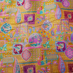 Pure Banarasi Silk Brocade with Multicolor Position of Swan & Paisley Print on Mustand Yellow Base