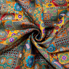 Pure Banarasi Dola Silk Soft Brocade with Multicolor Position Print on Mango Yellow Base