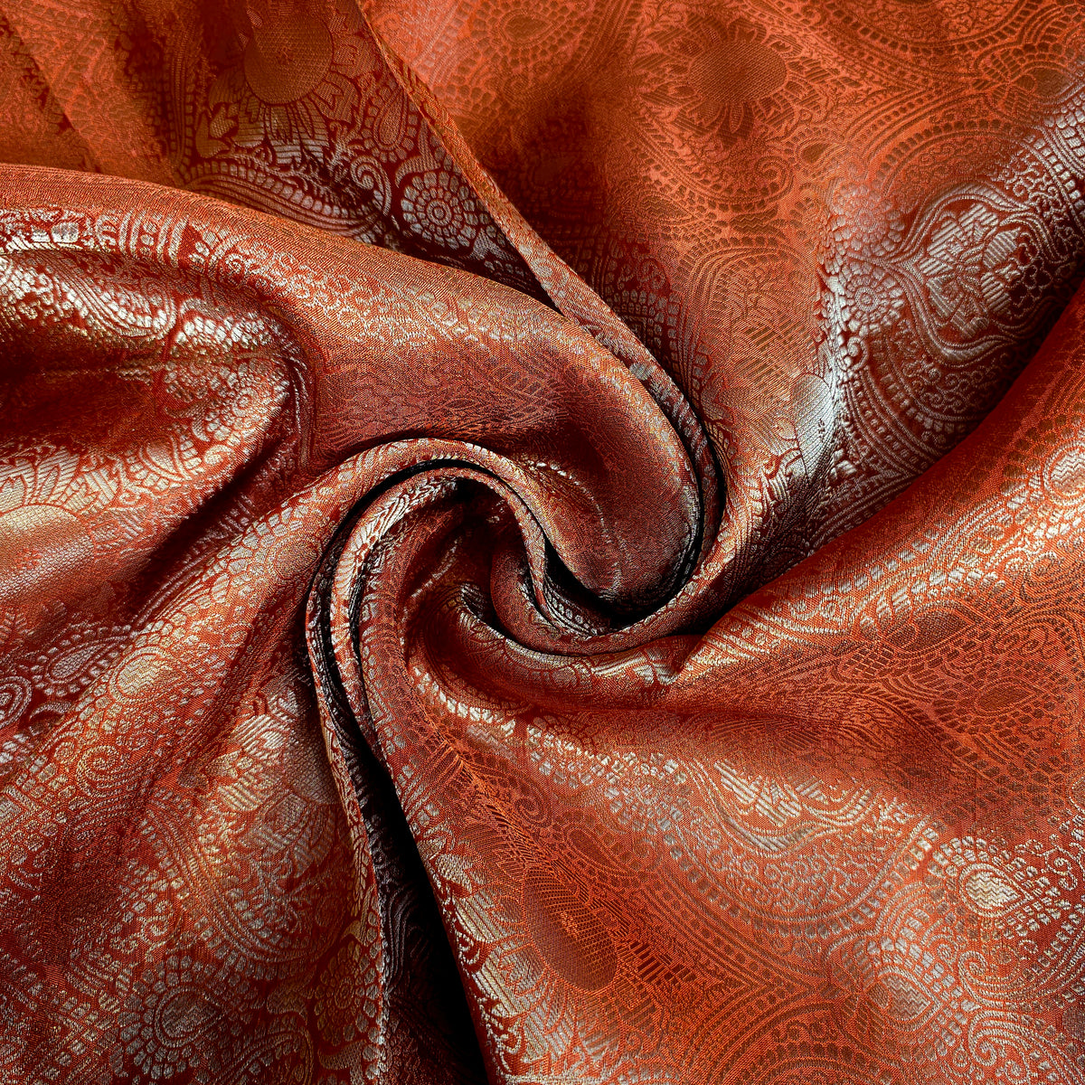 Orange Banarasi Brocade Fabric with Floral and Paisley Motifs