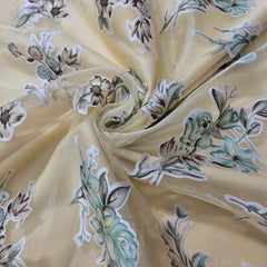 Pastel Yellow Brasso Organza Fabric with Mint Green Floral Digital Print