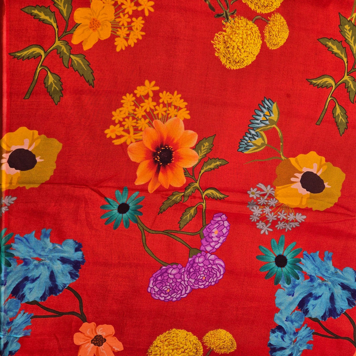 Multi-color Floral Digital Print on Scarlett Red Organza Fabric