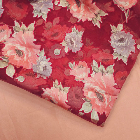Floral Digital Print on Brasso Fabric with Red Base