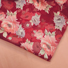 Floral Digital Print on Brasso Fabric with Red Base