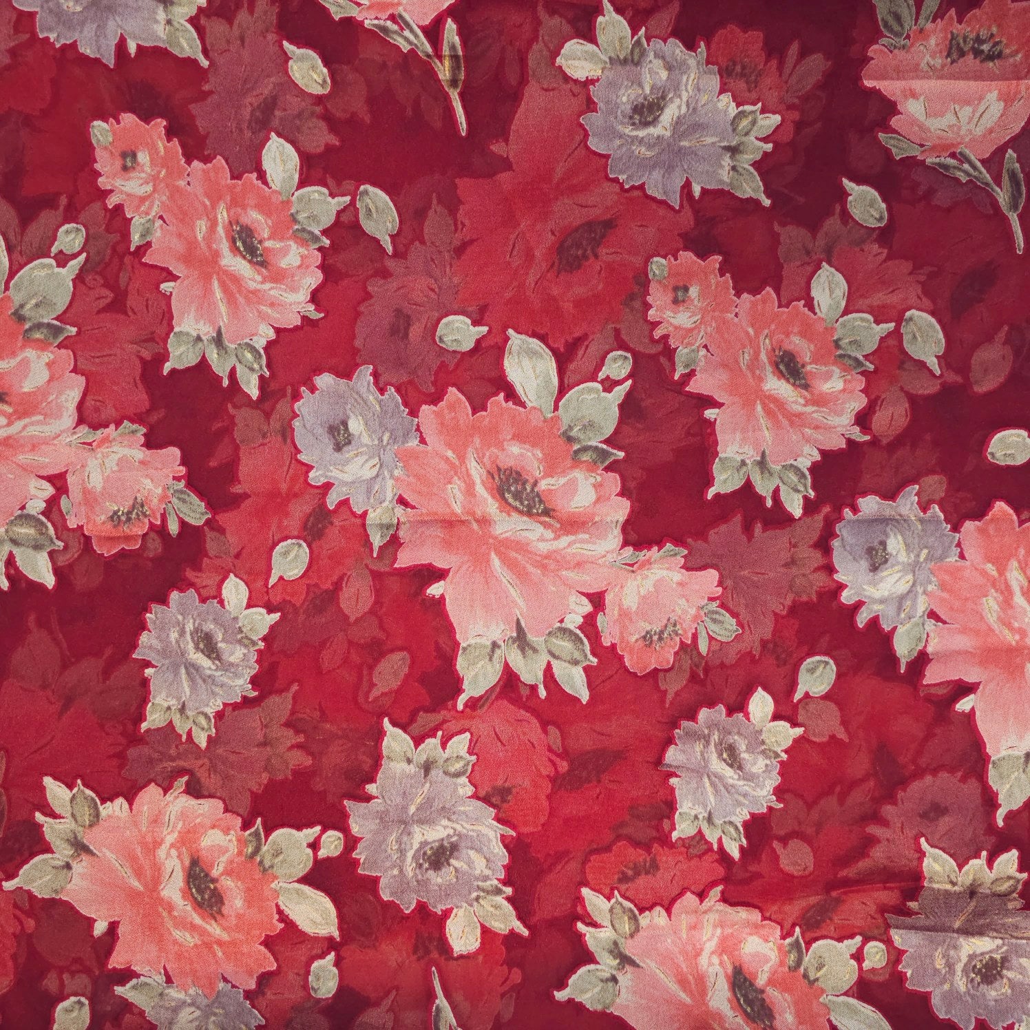 Floral Digital Print on Brasso Fabric with Red Base