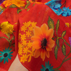 Multi-color Floral Digital Print on Scarlett Red Organza Fabric