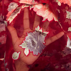Floral Digital Print on Brasso Fabric with Red Base
