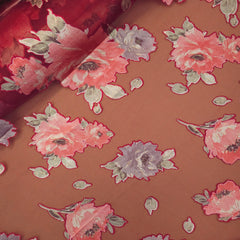 Floral Digital Print on Brasso Fabric with Red Base