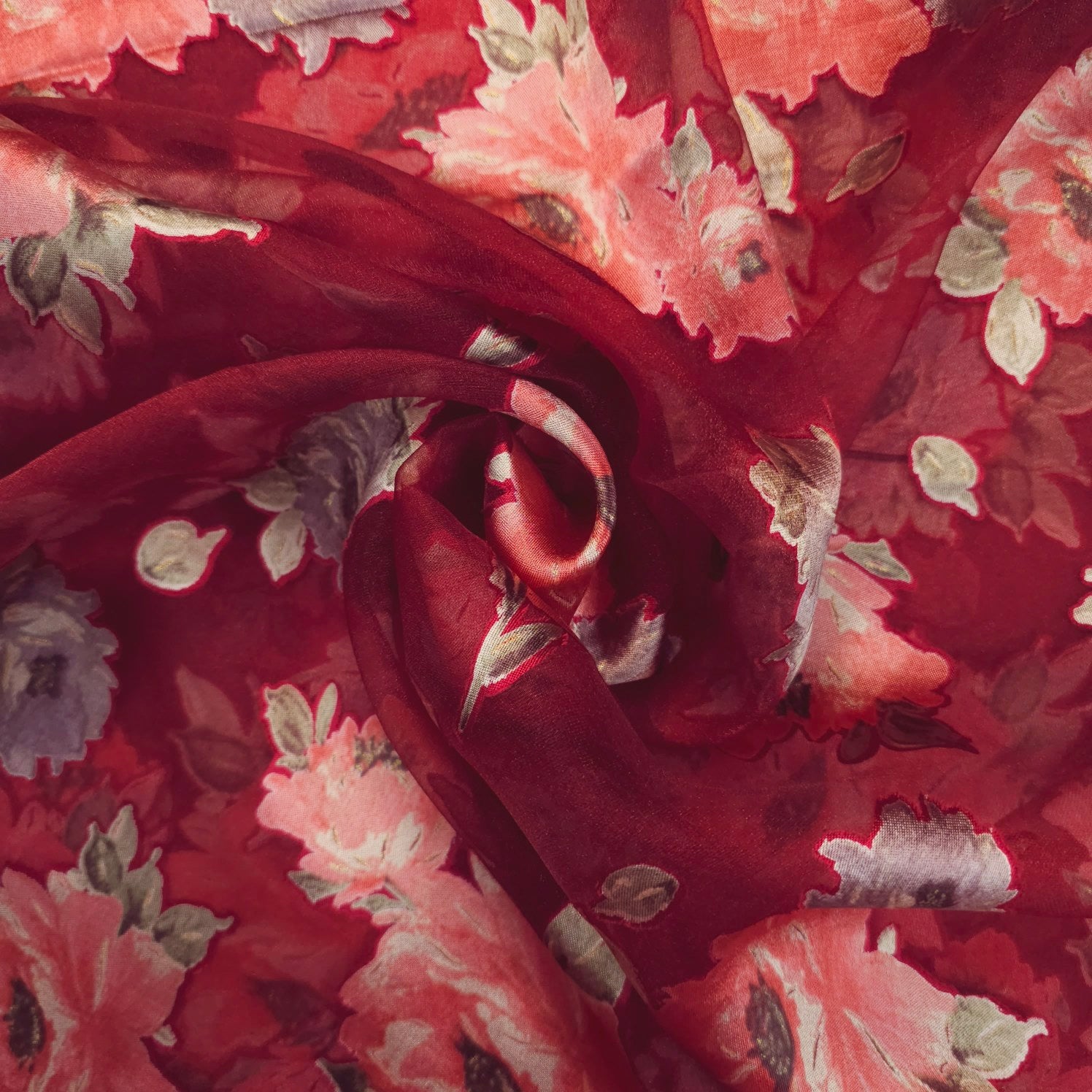 Floral Digital Print on Brasso Fabric with Red Base