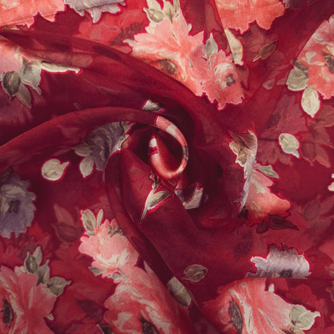 Floral Digital Print on Brasso Fabric with Red Base