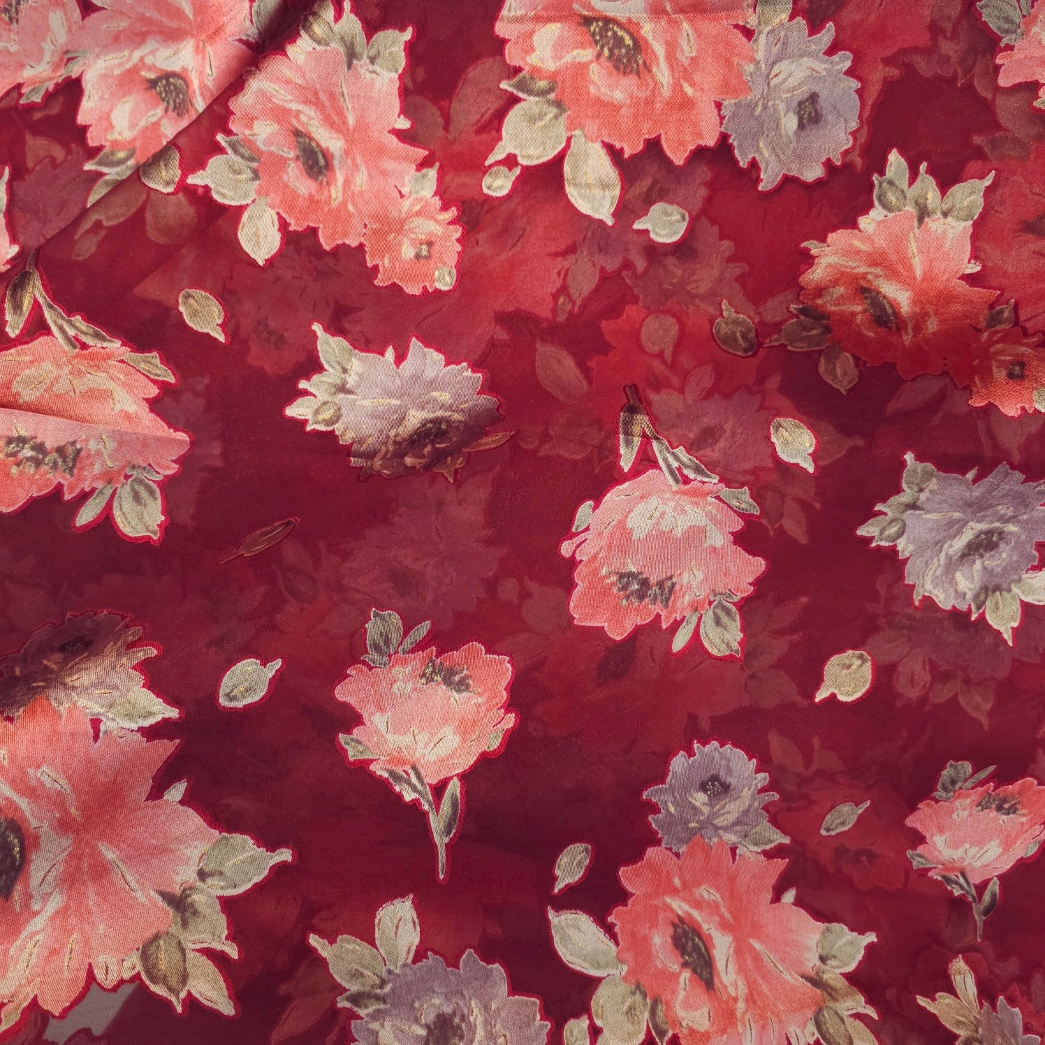 Floral Digital Print on Brasso Fabric with Red Base