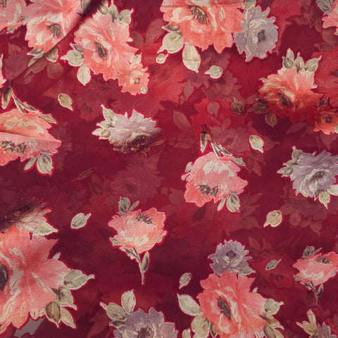 Floral Digital Print on Brasso Fabric with Red Base