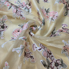 Pastel Yellow Brasso Organza Fabric with Light Peach Floral Digital Print