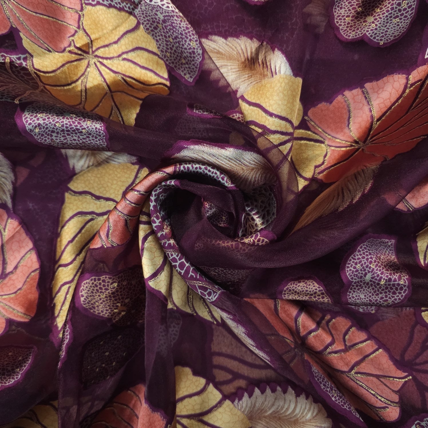 Floral Digital Print on Brasso Fabric with Purple Base