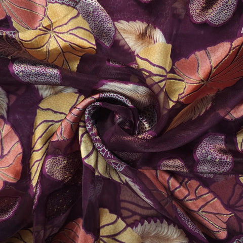 Floral Digital Print on Brasso Fabric with Purple Base
