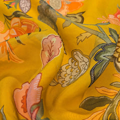 Multi-color Floral Digital Print on Mango Yellow Organza Fabric
