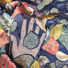 Floral Digital Print on Brasso Fabric with Midnight Blue Base