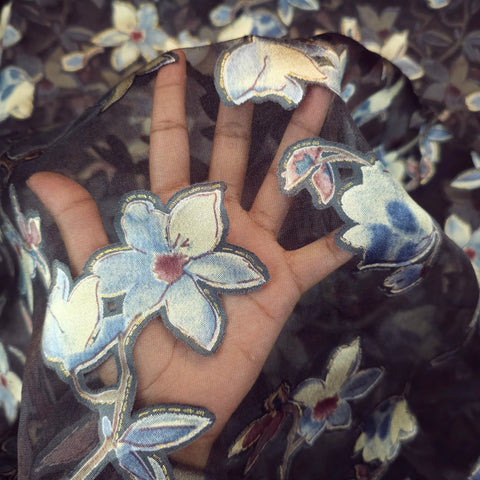 Floral Digital Print on Brasso Organza Fabric with Black Base
