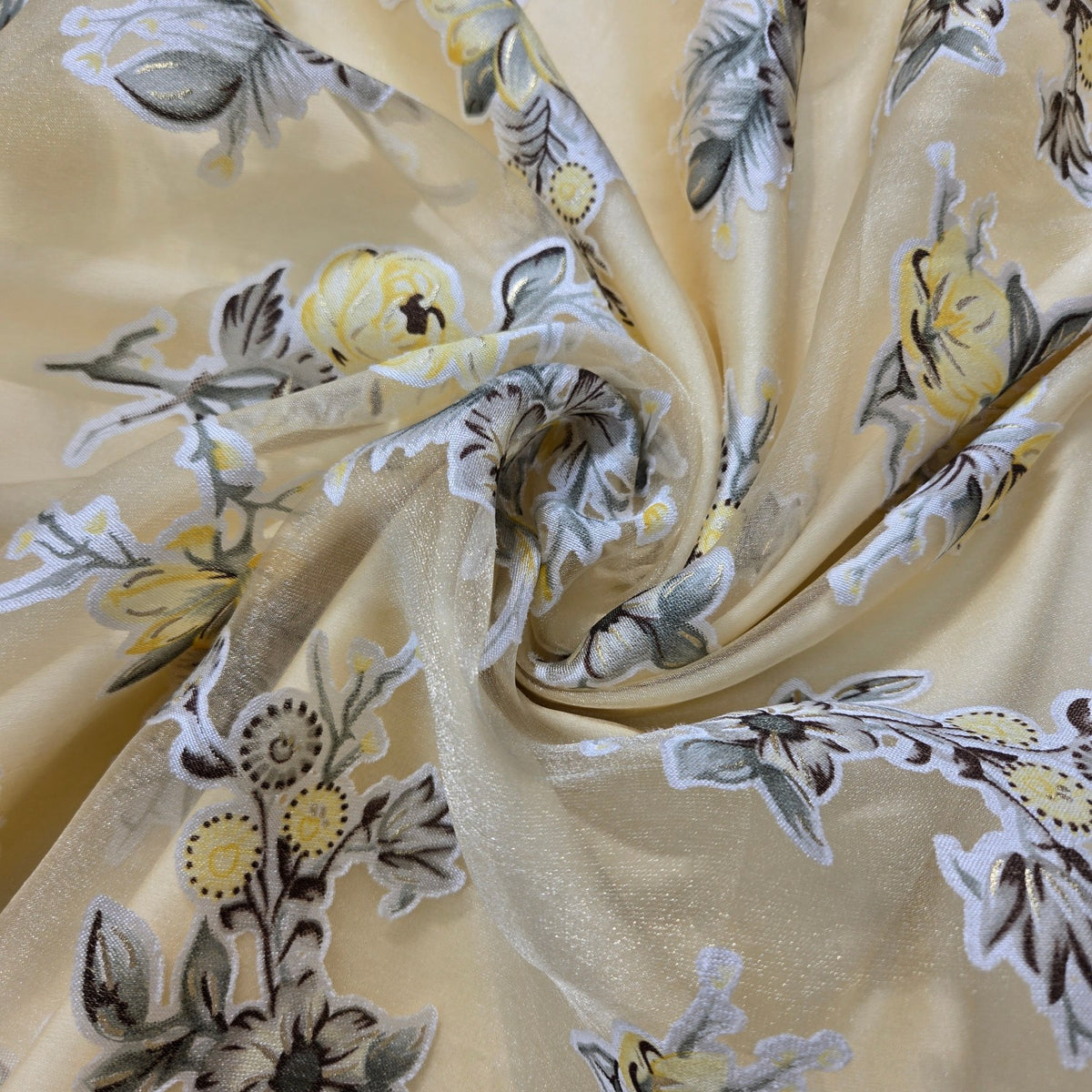Pastel Yellow Brasso Organza Fabric with Light Yellow Floral Digital Print