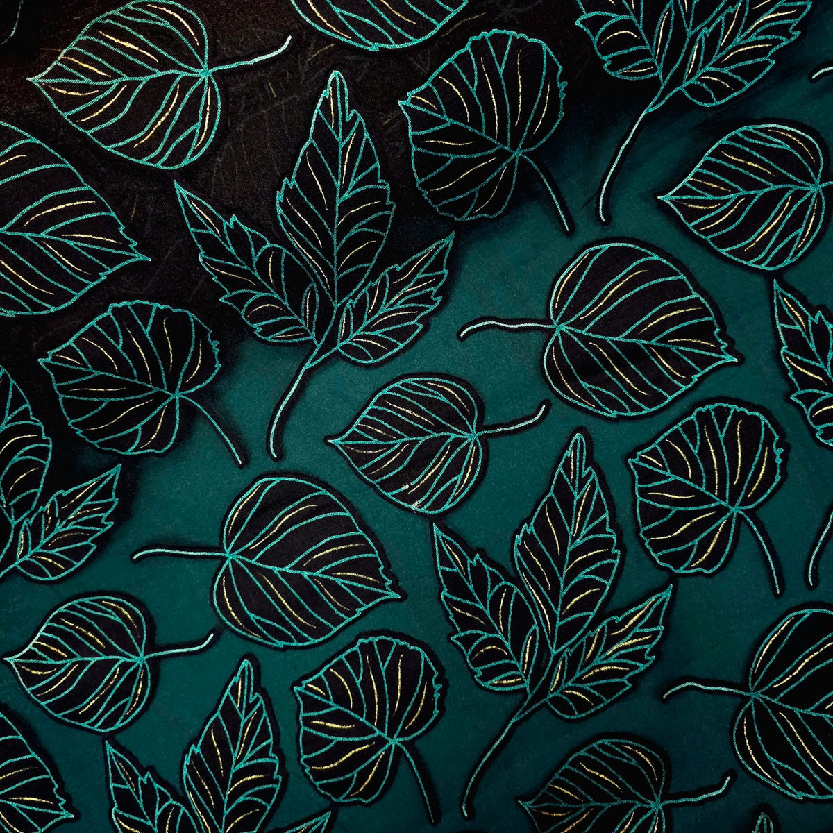 Blue Green Floral Digital Print on Brasso Fabric with Black Base