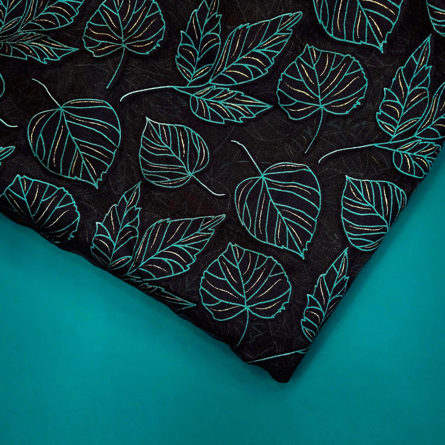 Blue Green Floral Digital Print on Brasso Fabric with Black Base