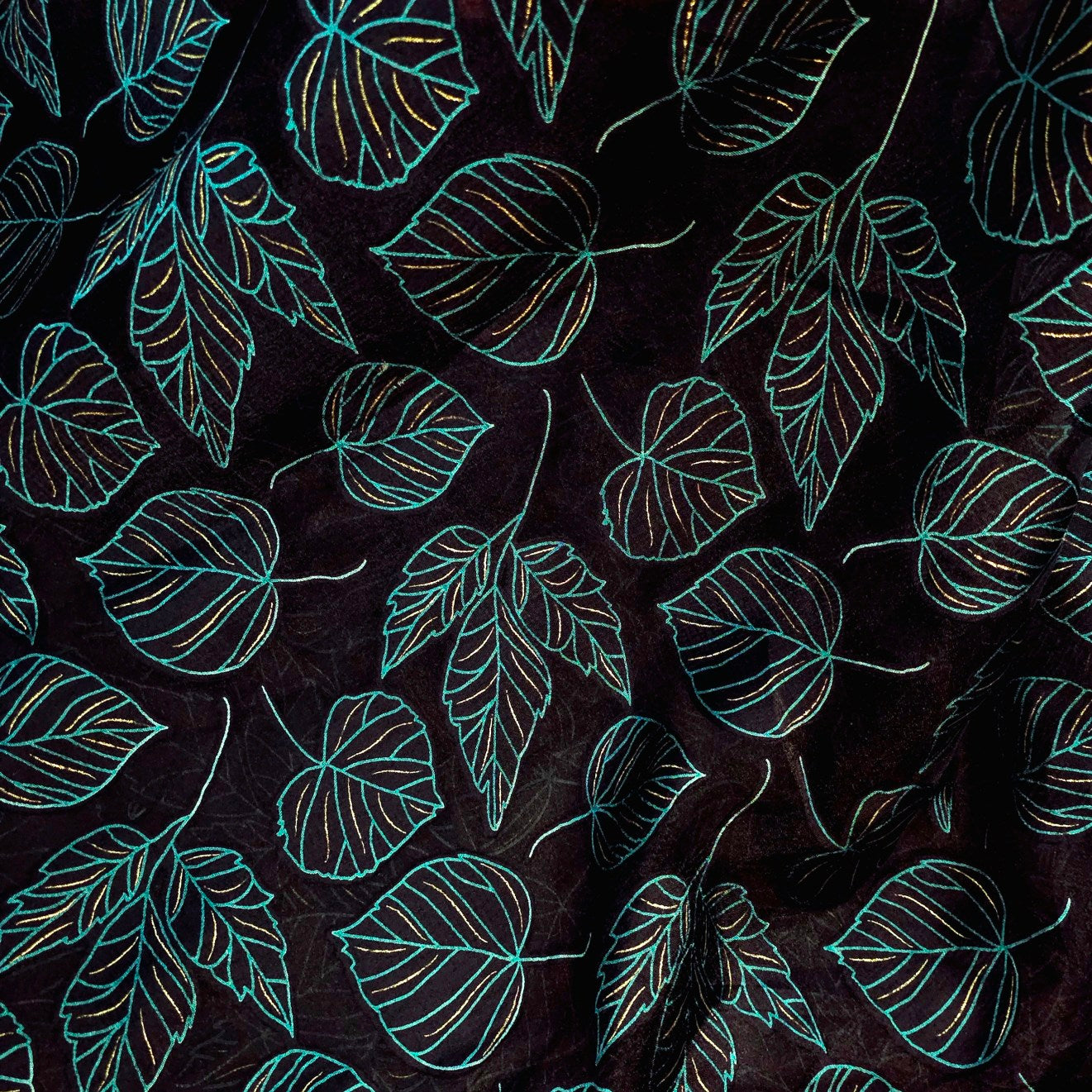 Blue Green Floral Digital Print on Brasso Fabric with Black Base