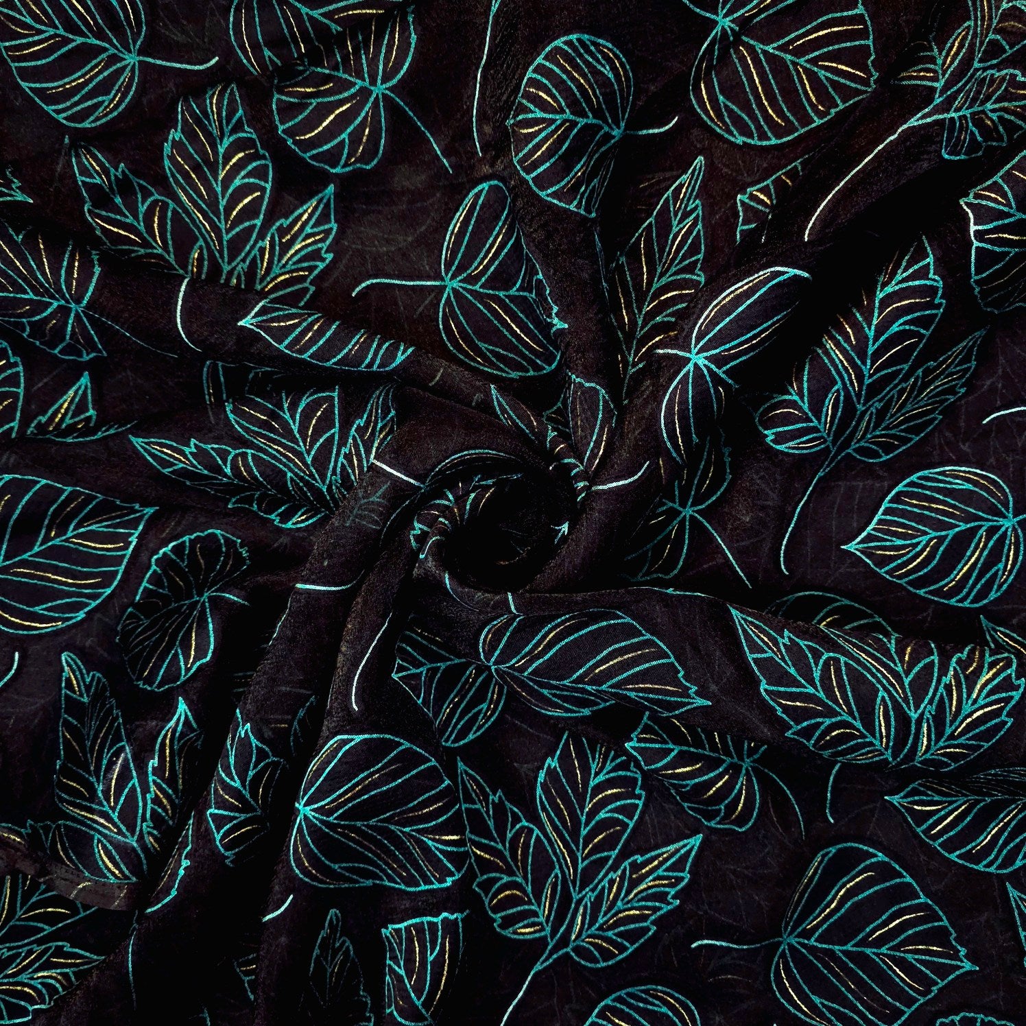 Blue Green Floral Digital Print on Brasso Fabric with Black Base