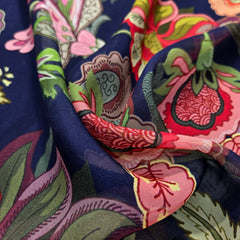 Multi-color Floral Digital Print on Midnight Blue Organza Fabric