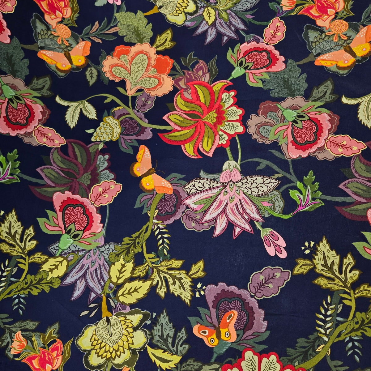 Multi-color Floral Digital Print on Midnight Blue Organza Fabric