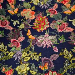Multi-color Floral Digital Print on Midnight Blue Organza Fabric