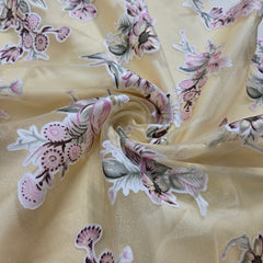 Pastel Yellow Brasso Organza Fabric with Light Pink Floral Digital Print