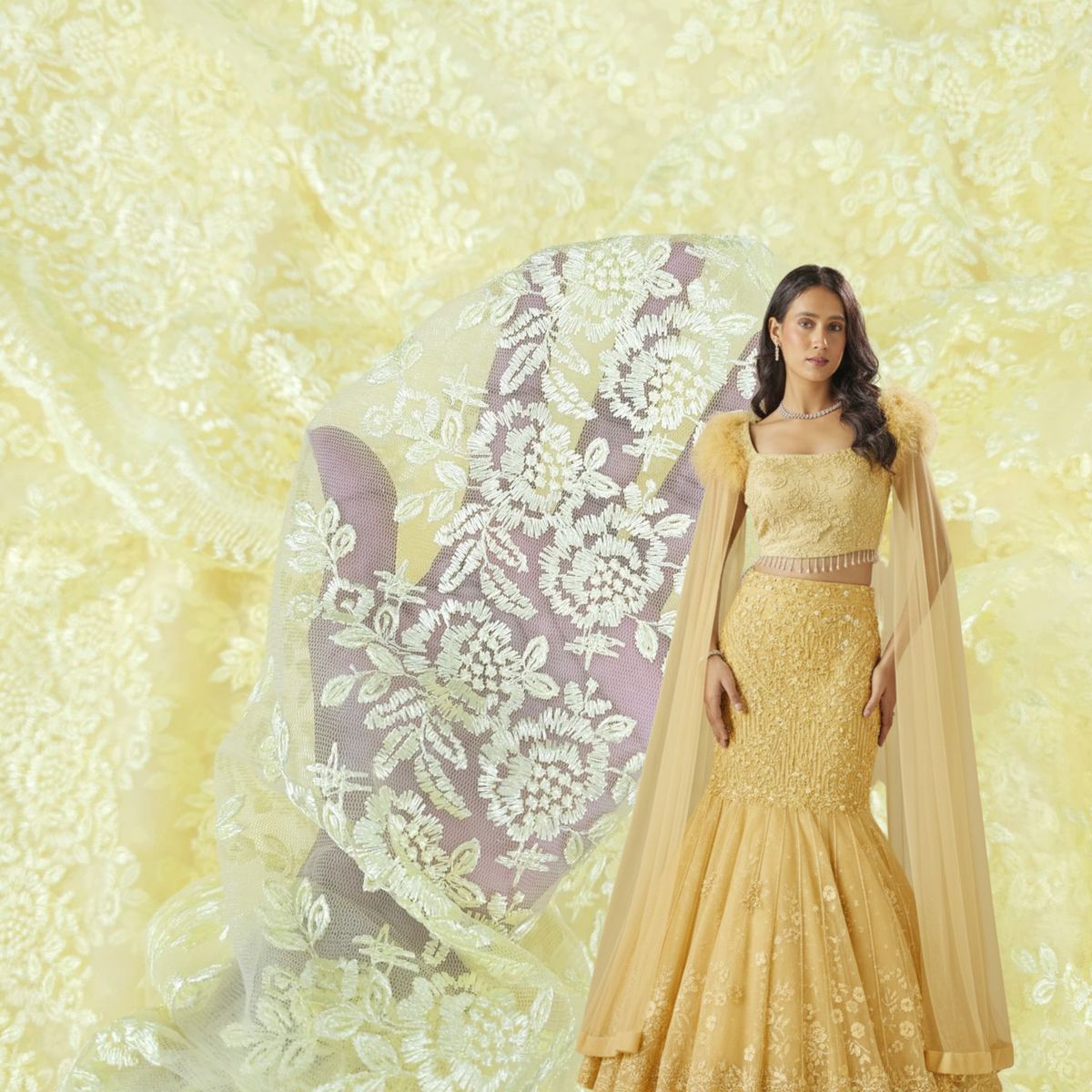 Embroidered Light Yellow Net Fabric with Intricate rose patterns