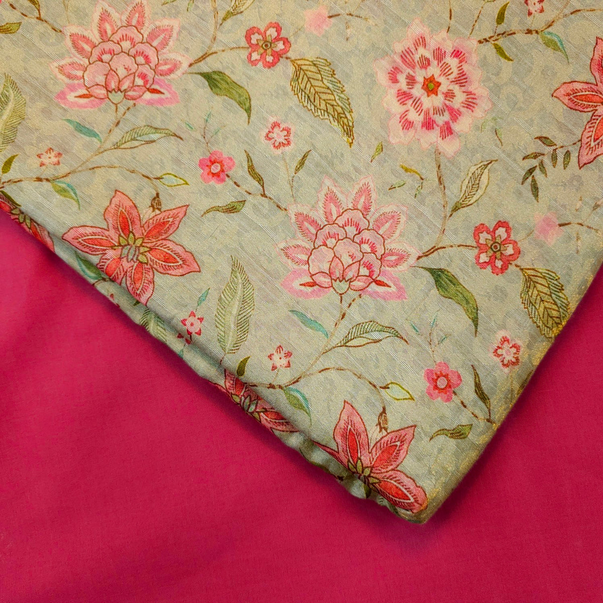 Digitally Printed Crepe Two Tone Fabric with Pink Floral Print on Biege Color Base