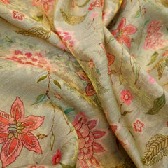 Digitally Printed Crepe Two Tone Fabric with Pink Floral Print on Biege Color Base