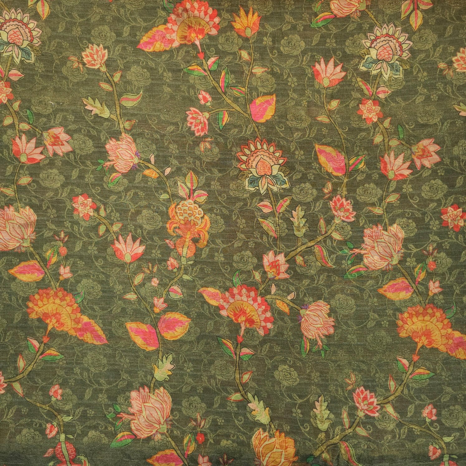 Digitally Printed Crepe Two Tone Fabric with Pink Floral Print on Seaweed Color