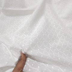 White Chikankari Cotton Fabric with Wavy Diagonal Lines