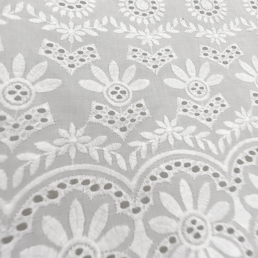White Chikankari Cotton Fabric with all over Butta work & Floral Cutwork Border