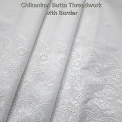 White Chikankari Cotton Fabric with all over Butta work & Floral Cutwork Border