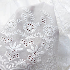 White Chikankari Cotton Fabric with all over Butta work & Floral Cutwork Border