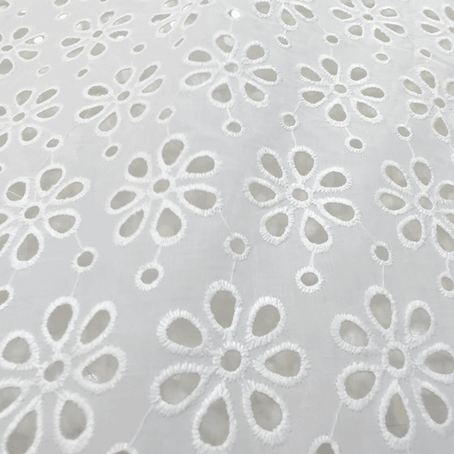 White Cotton Fabric with Floral Cutwork