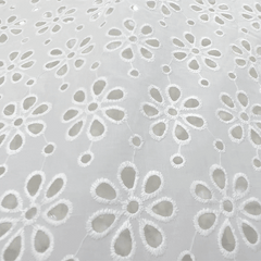 White Cotton Fabric with Floral Cutwork