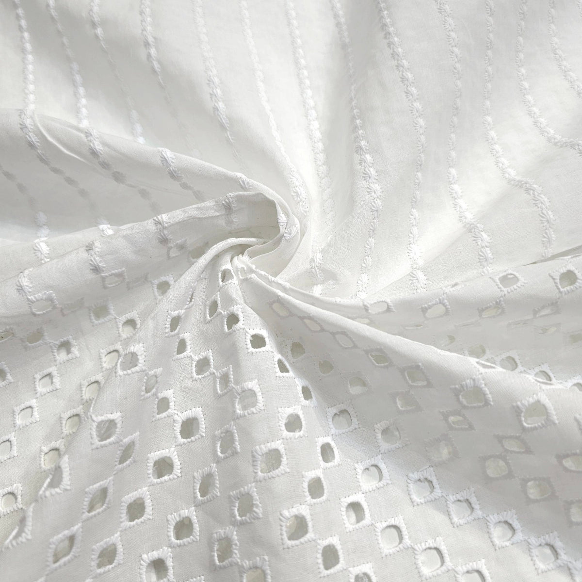 White Chikankari Cotton Fabric with Cutwork Border