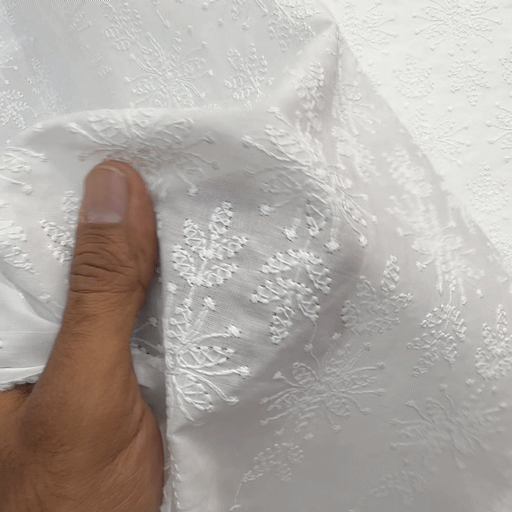 White Chikankari Cotton Fabric with Floral Work