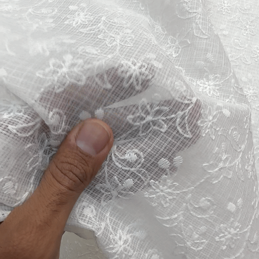 White Chikankari Kota Doria Fabric with Floral Self Embroidery